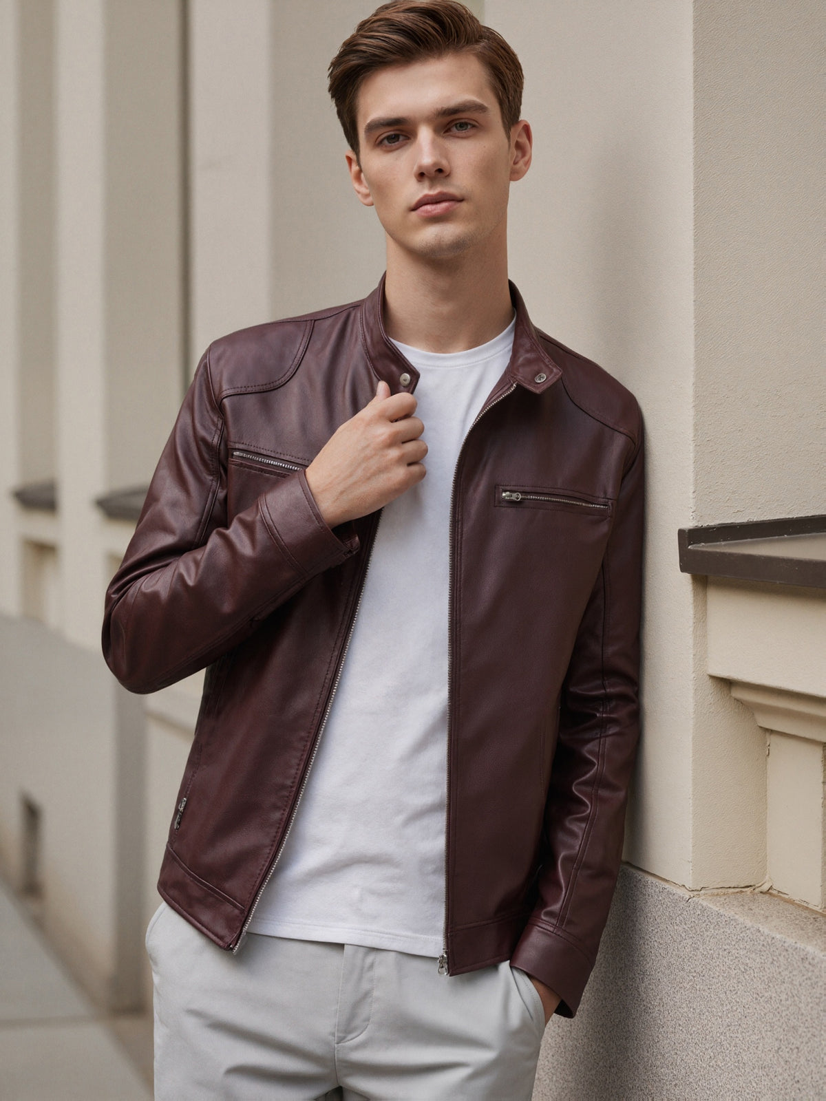 STAND COLLAR PU JACKET FOR MEN