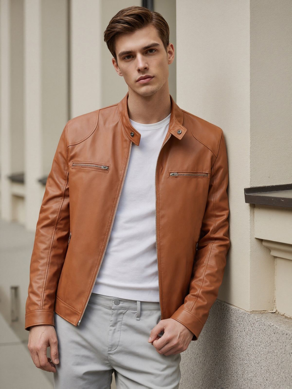 STAND COLLAR PU JACKET FOR MEN