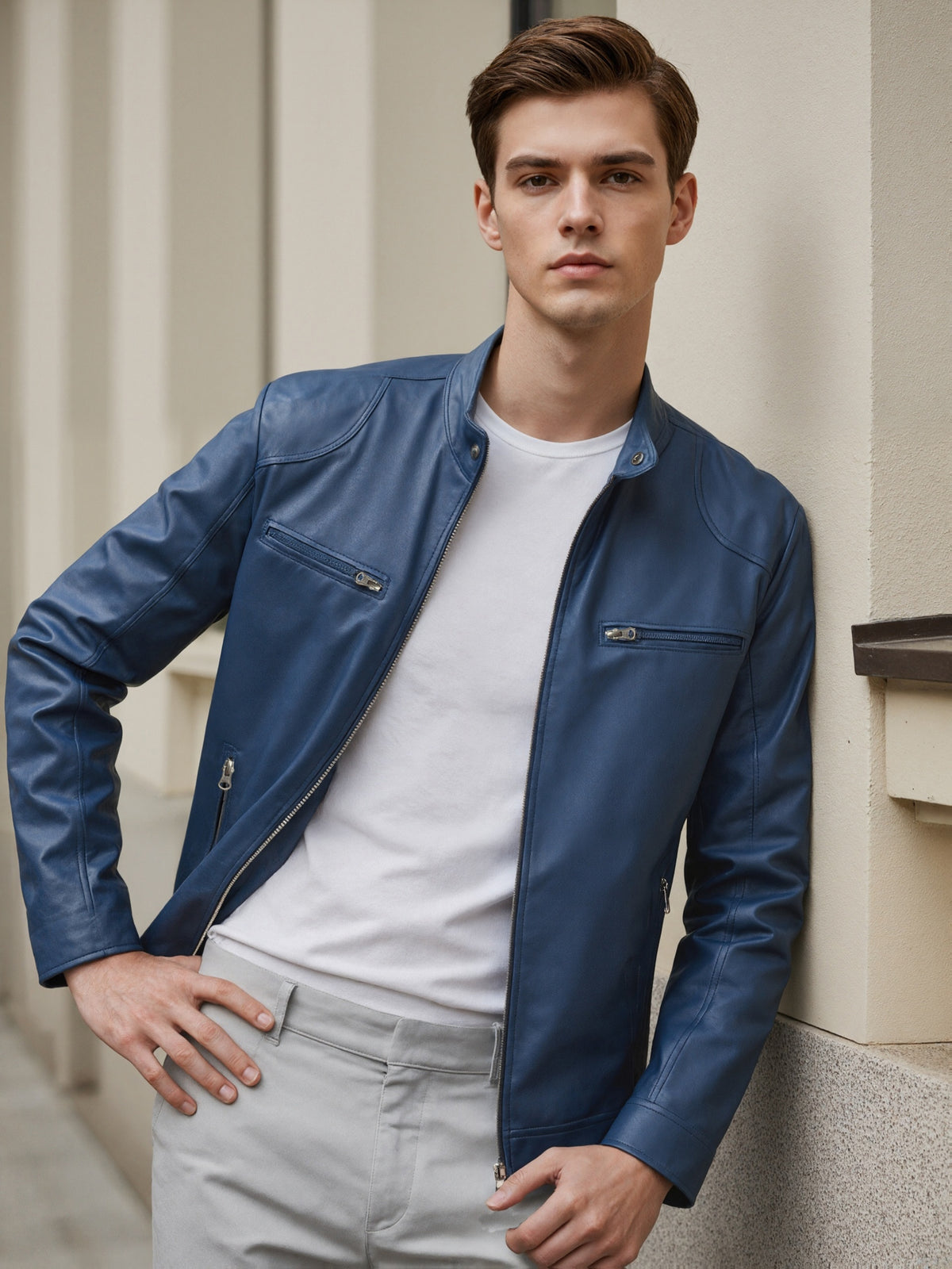 STAND COLLAR PU JACKET FOR MEN