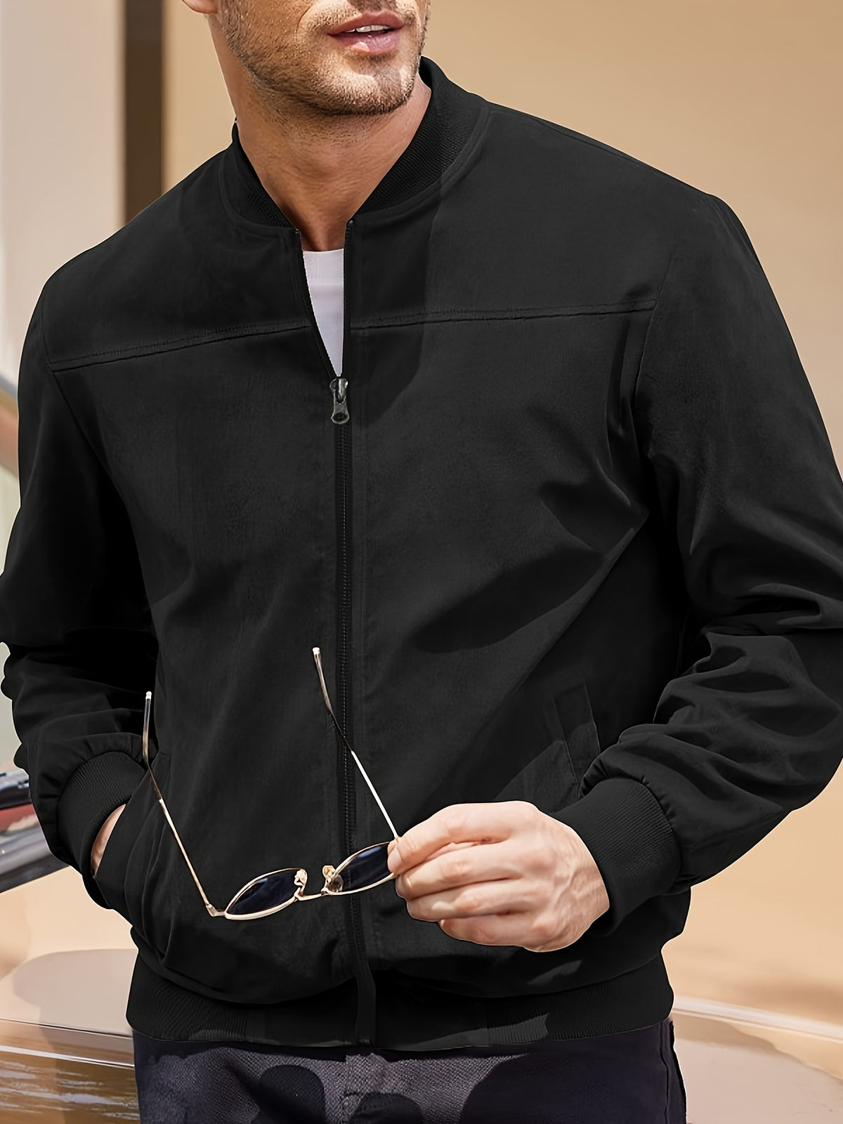 SOLID ZIP BOMBER JACKET FOR MEN