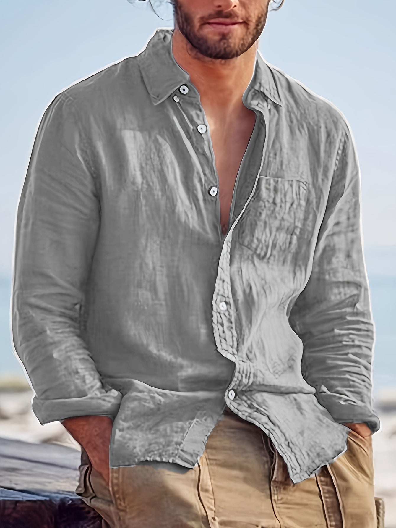 LAPEL BUTTON COTTON SHIRT FOR MEN