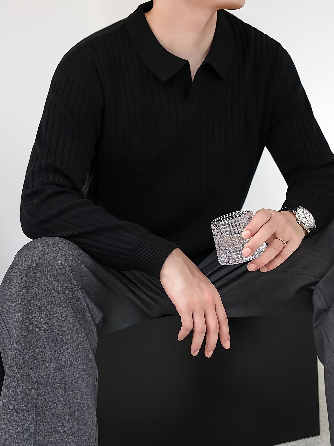 LAPEL RIB KNIT SHIRT FOR MEN