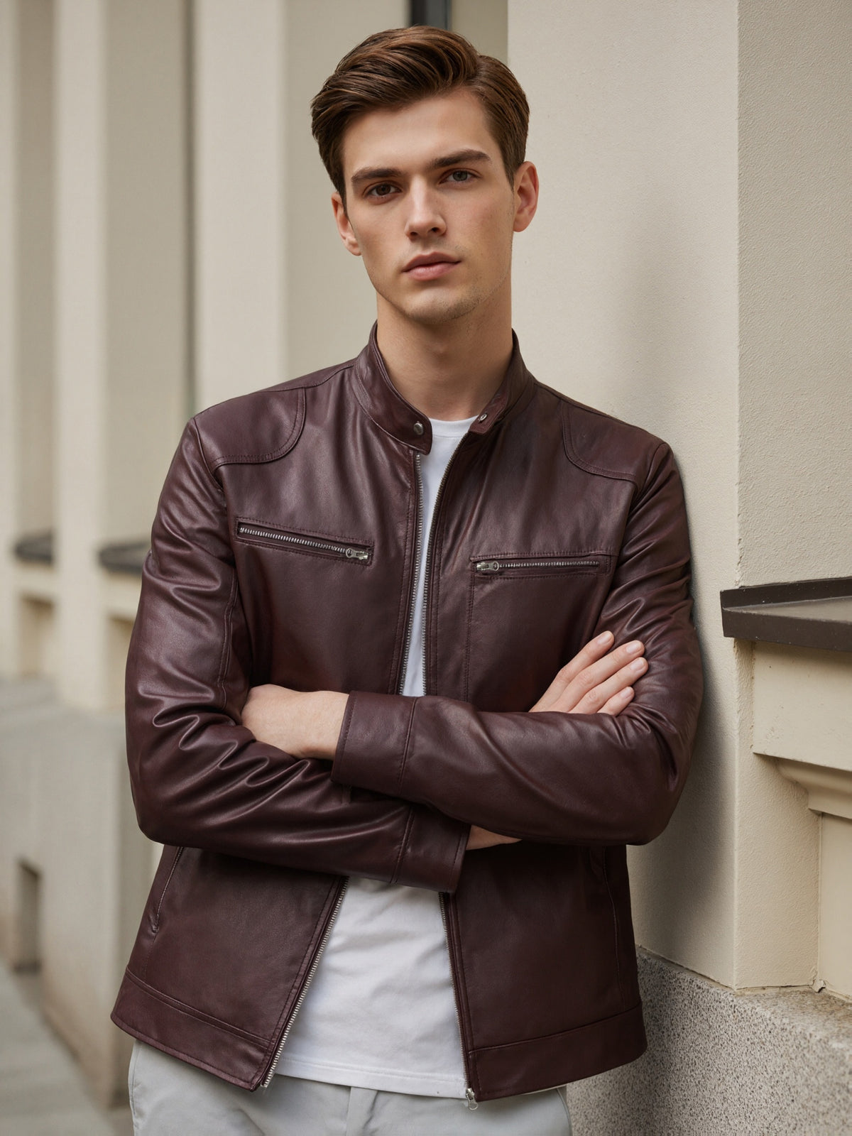 STAND COLLAR PU JACKET FOR MEN