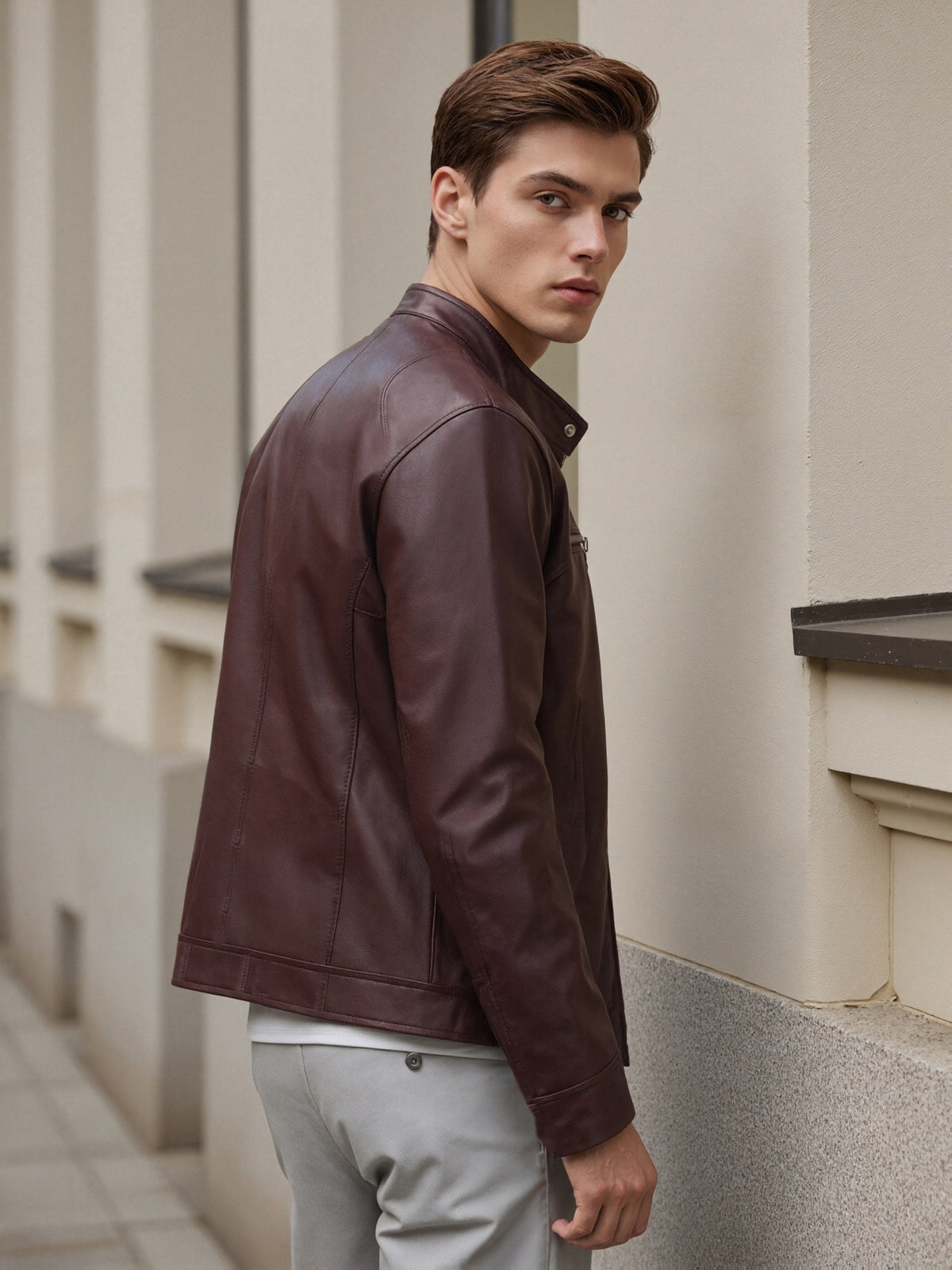 STAND COLLAR PU JACKET FOR MEN