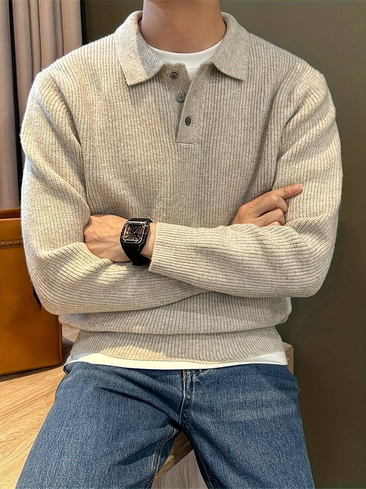 RIBBED POLO SWEATER FOR MEN