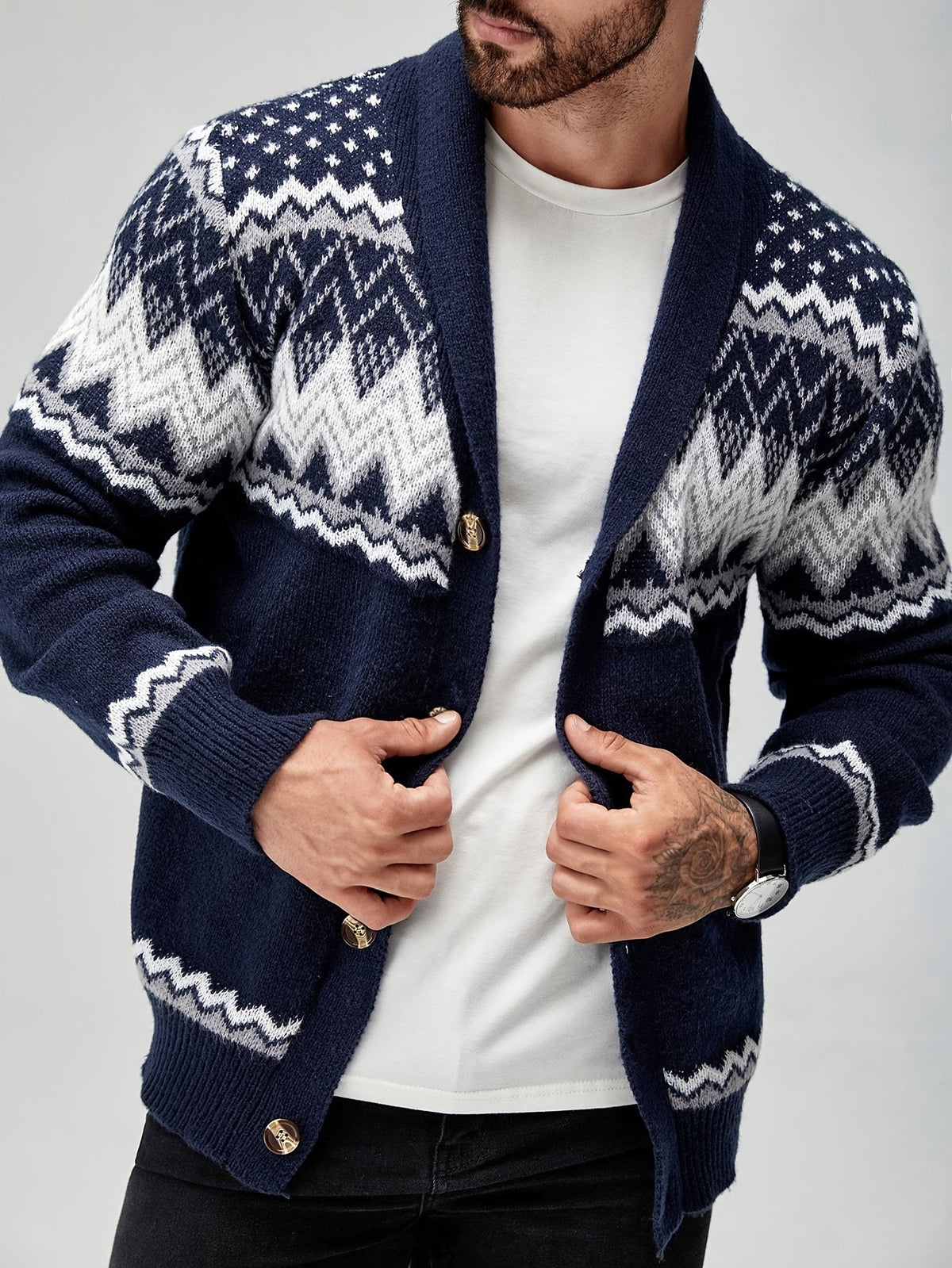 GEOMETRIC PATTERN CARDIGAN SWEATER FOR MEN