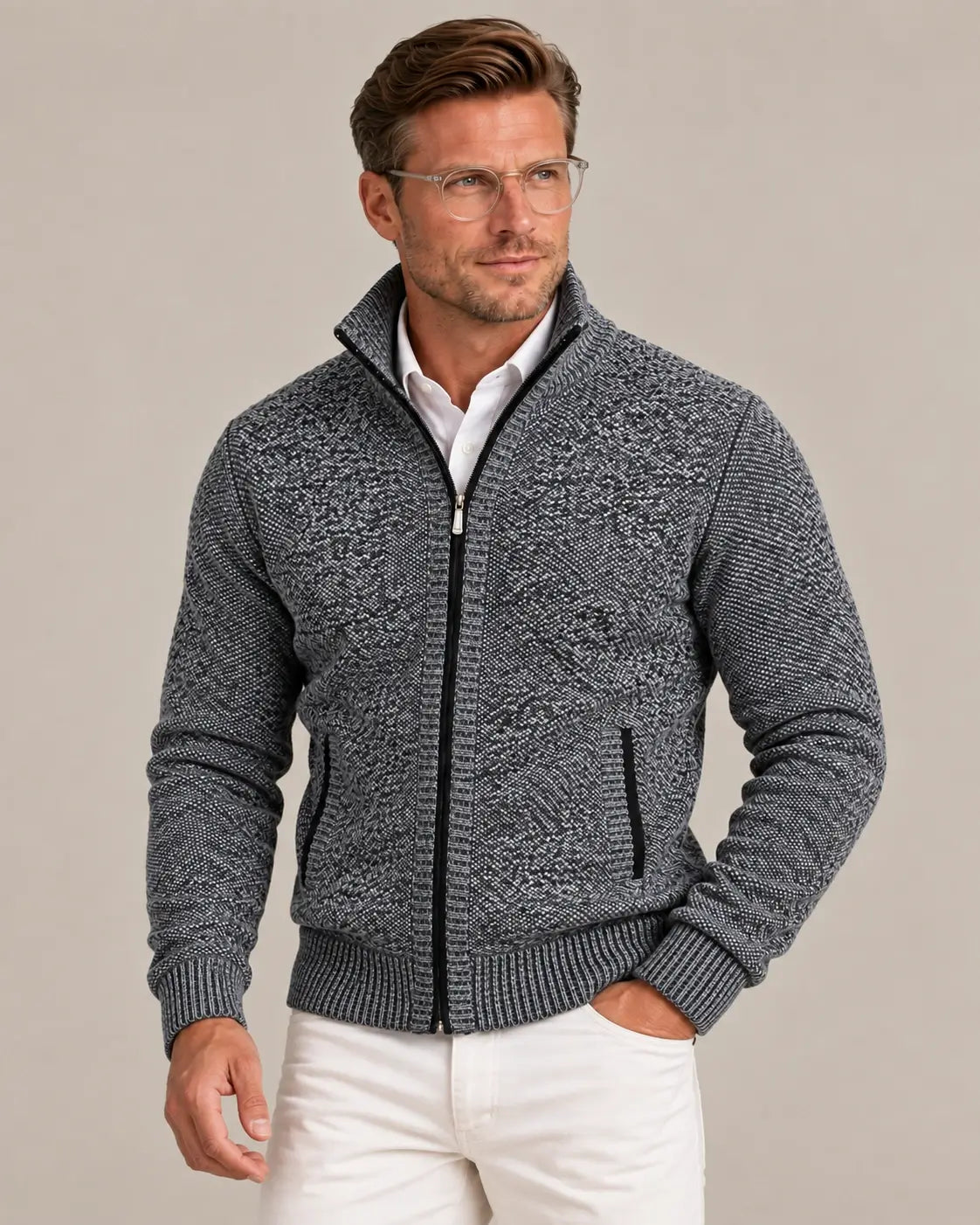 KNIT ZIP COLLAR SWEATER FOR MEN