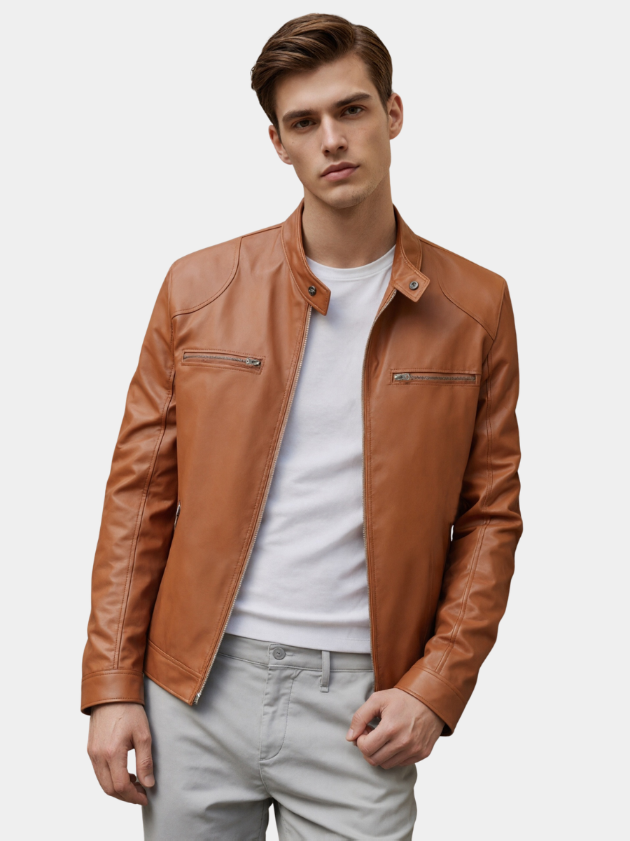 STAND COLLAR PU JACKET FOR MEN