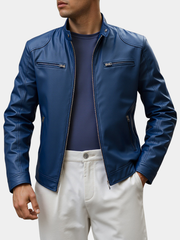 ZIPPER STAND COLLAR PU JACKET FOR MEN