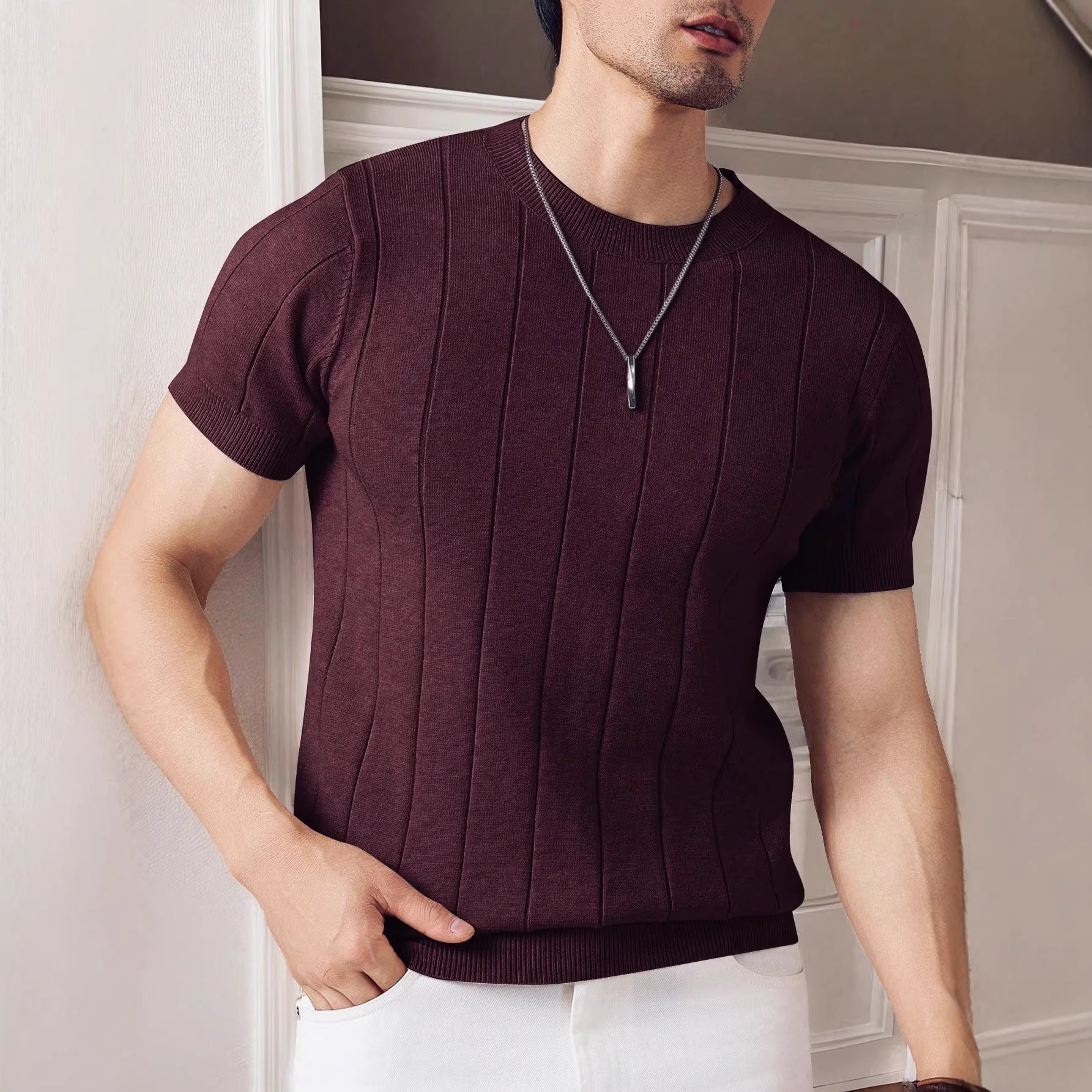 STRIPED RIB KNIT TOP FOR MEN