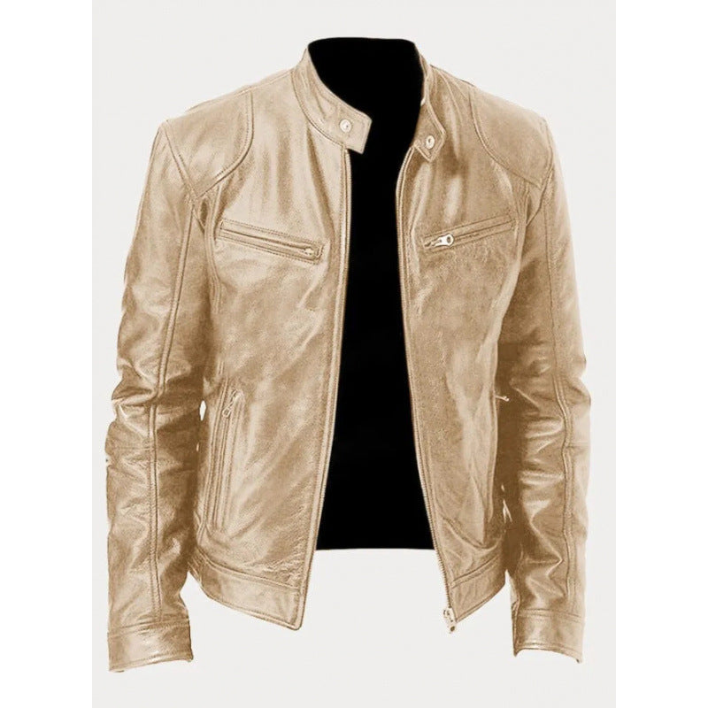 STAND COLLAR PU JACKET FOR MEN