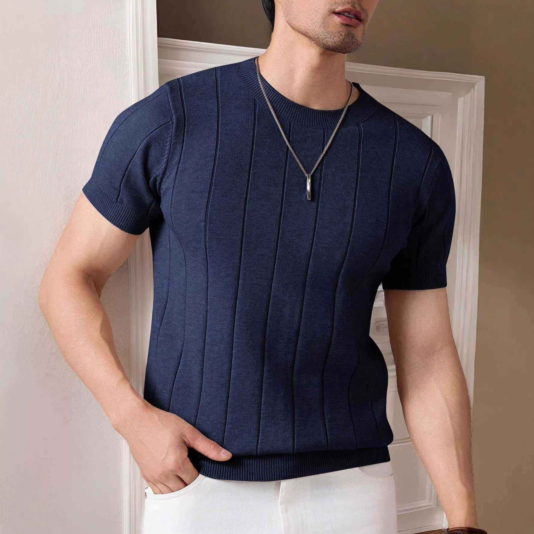 STRIPED RIB KNIT TOP FOR MEN