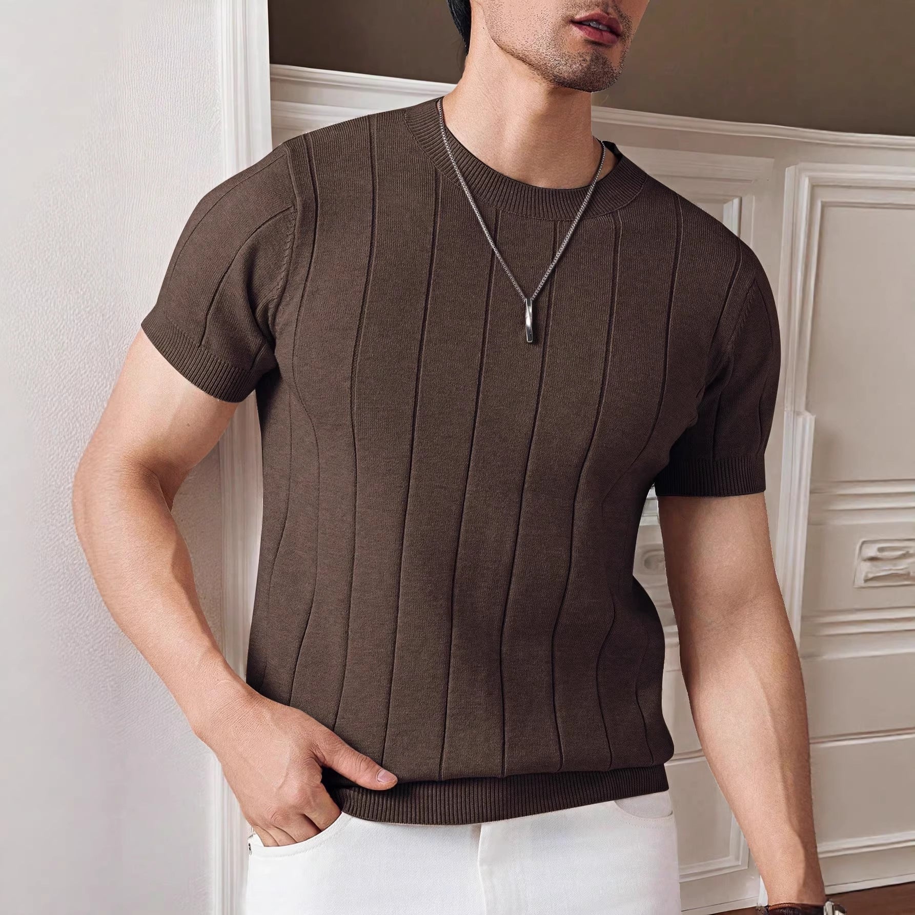 STRIPED RIB KNIT TOP FOR MEN