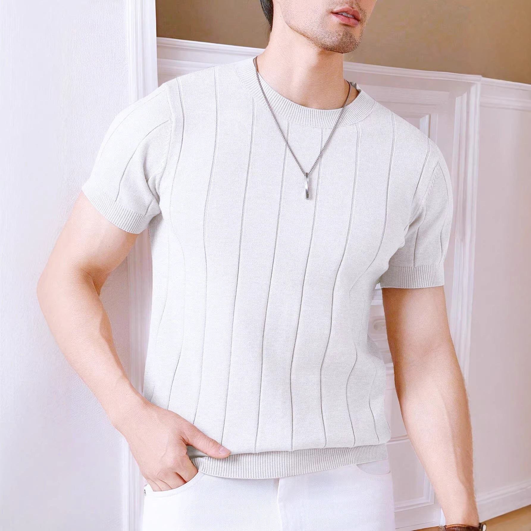 STRIPED RIB KNIT TOP FOR MEN
