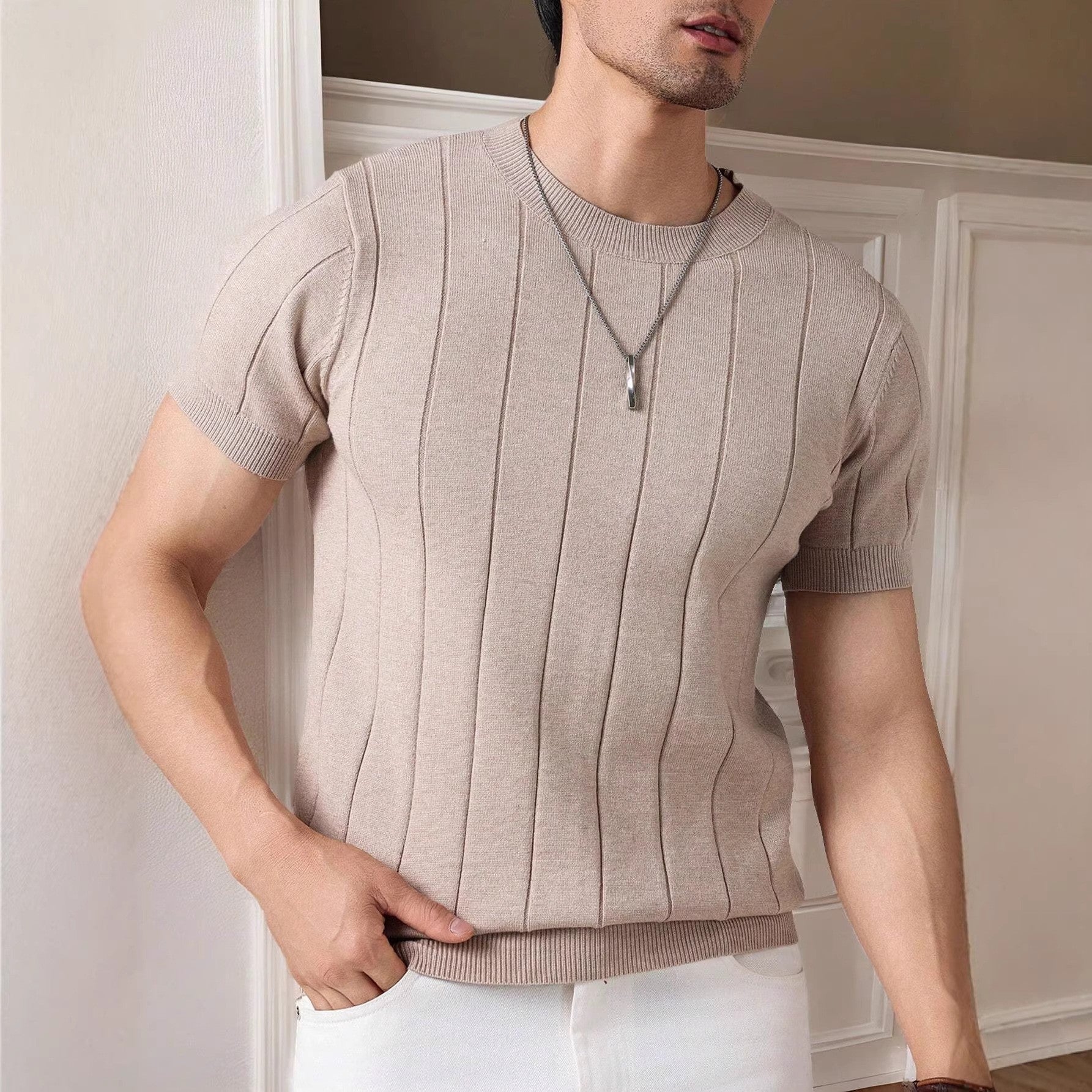 STRIPED RIB KNIT TOP FOR MEN