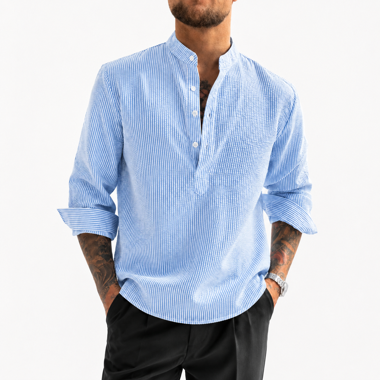 STRIPED BAND COLLAR SHIRT FOR MEN