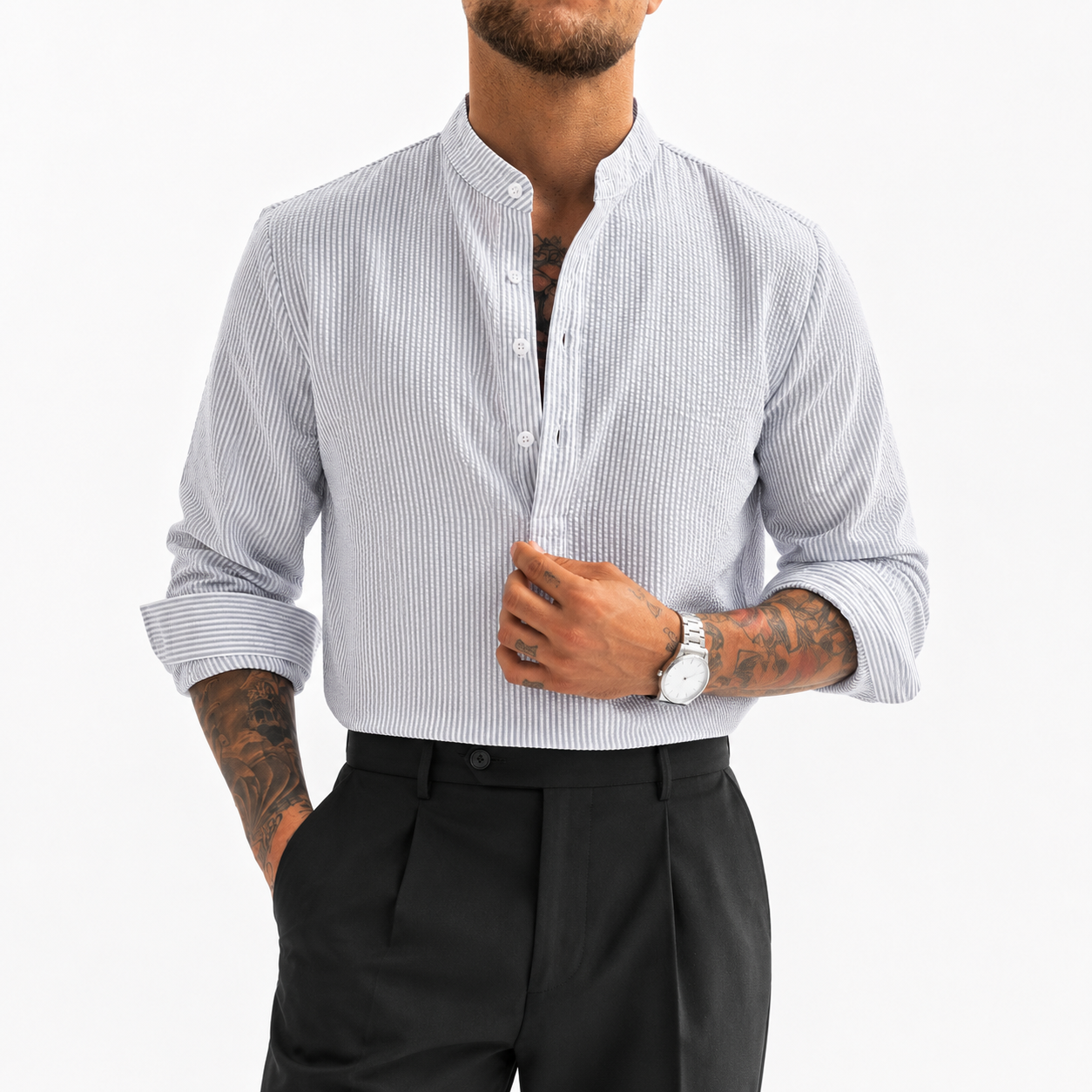STRIPED BAND COLLAR SHIRT FOR MEN