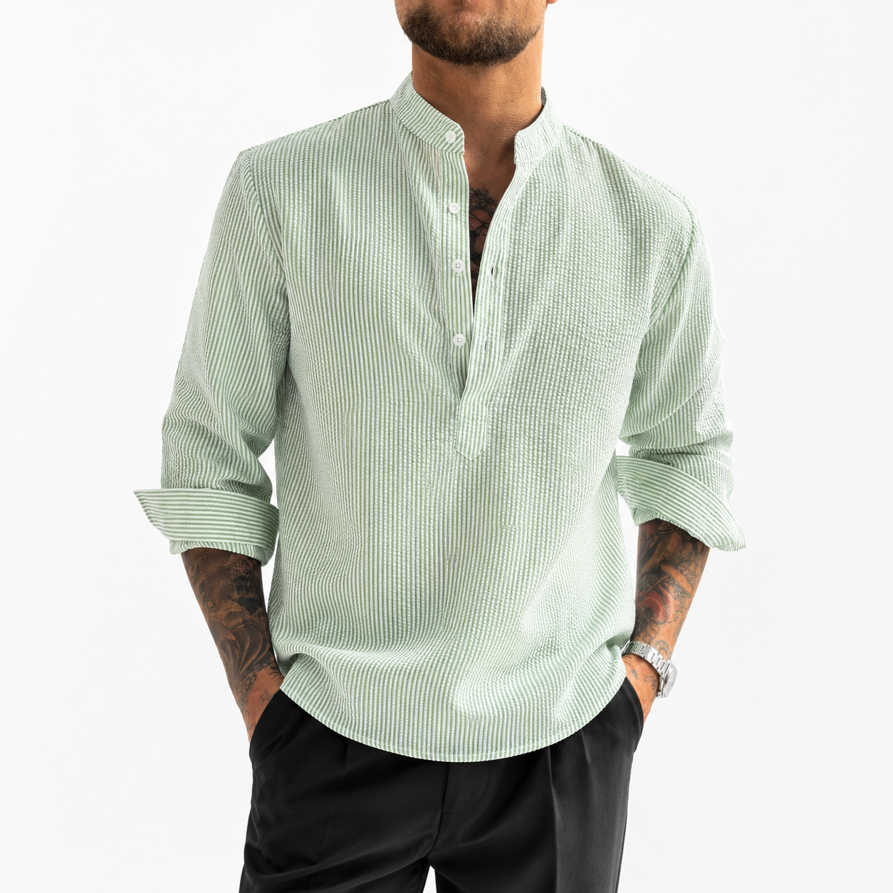 STRIPED BAND COLLAR SHIRT FOR MEN