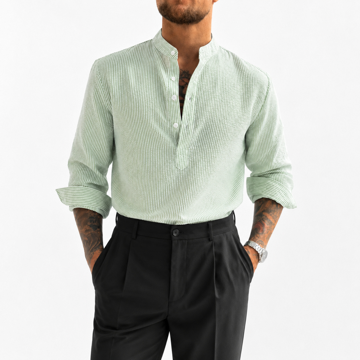 STRIPED BAND COLLAR SHIRT FOR MEN