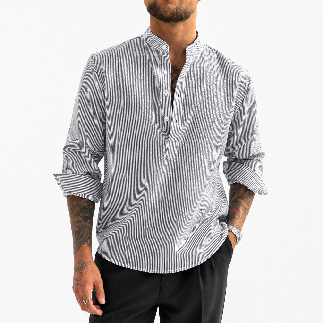 STRIPED BAND COLLAR SHIRT FOR MEN