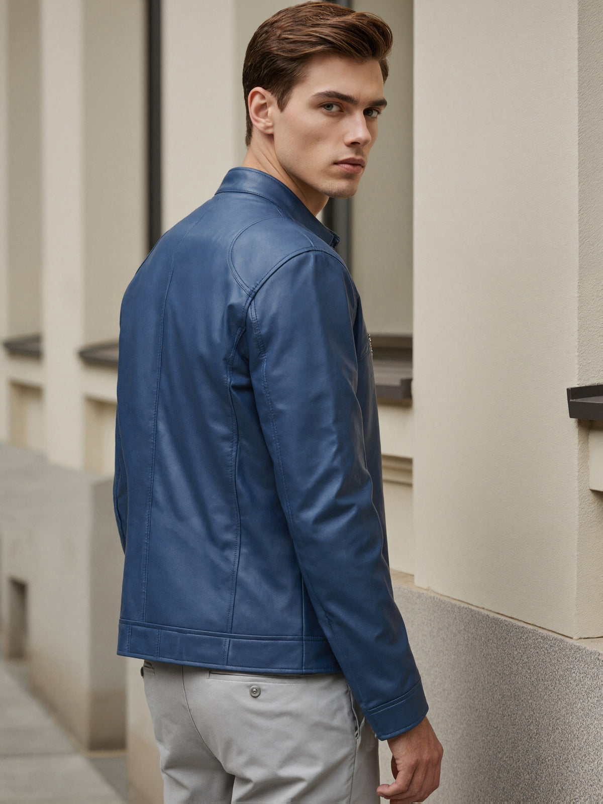 STAND COLLAR PU JACKET FOR MEN