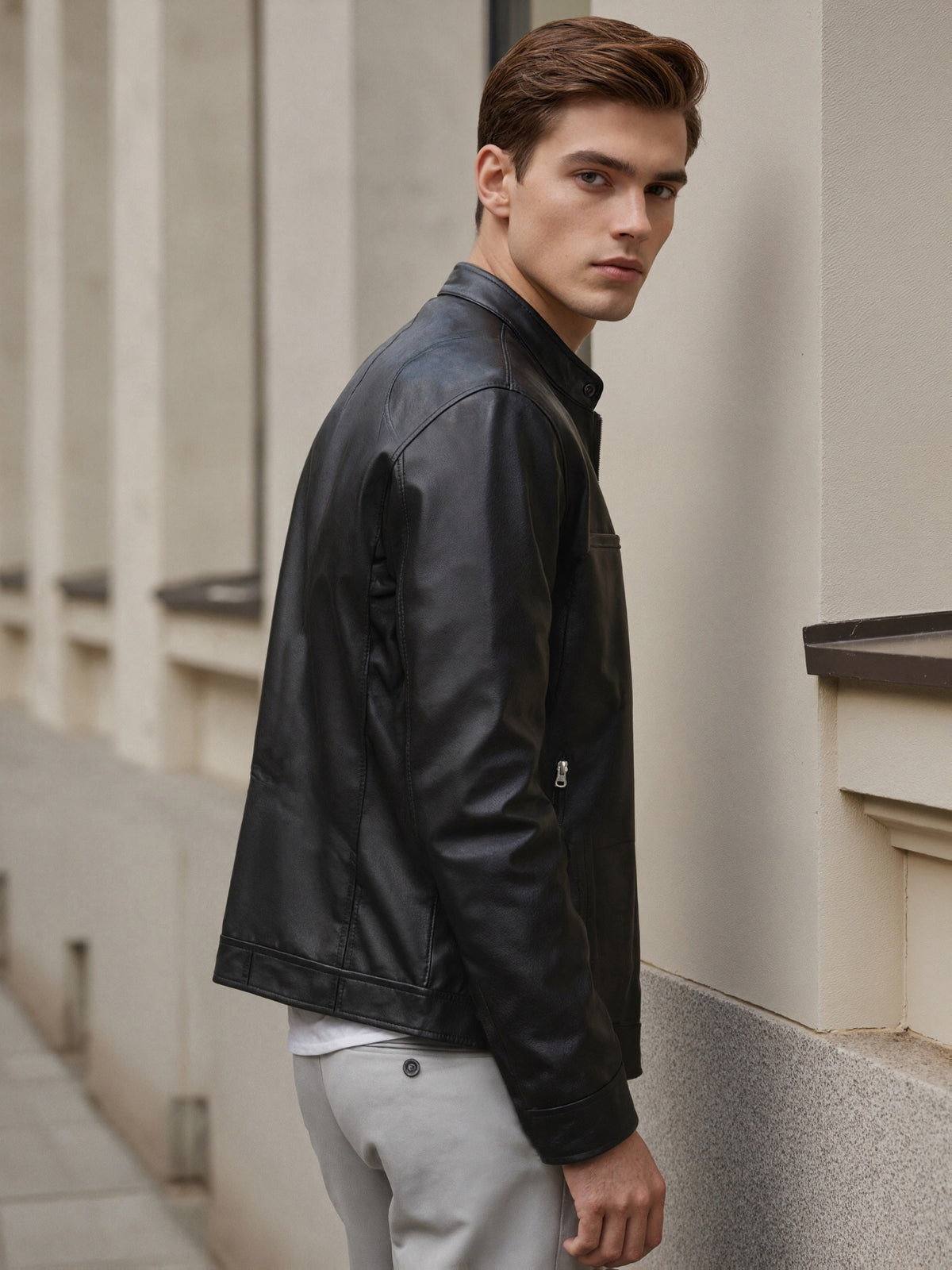 STAND COLLAR PU JACKET FOR MEN