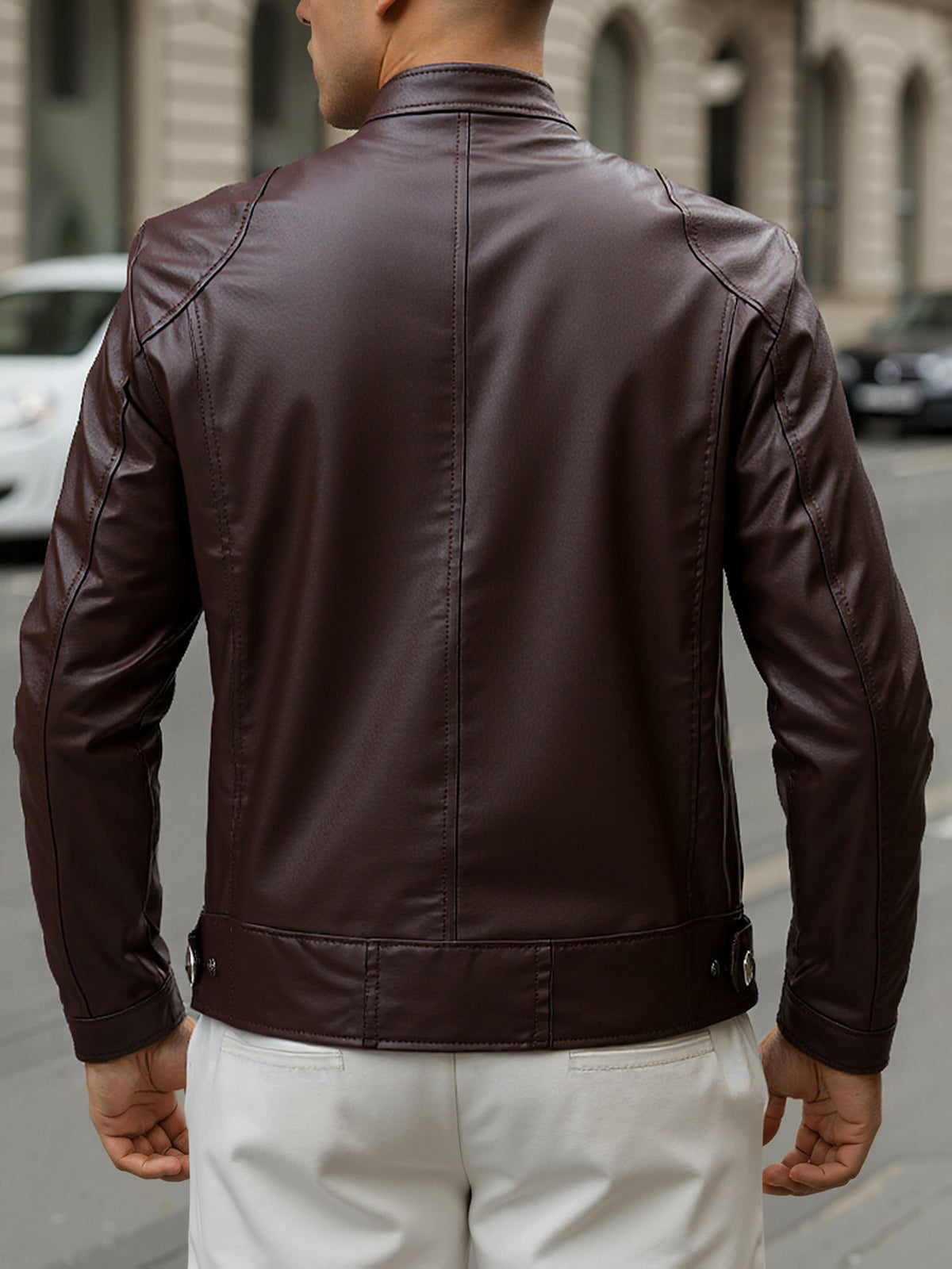 ZIPPER STAND COLLAR PU JACKET FOR MEN