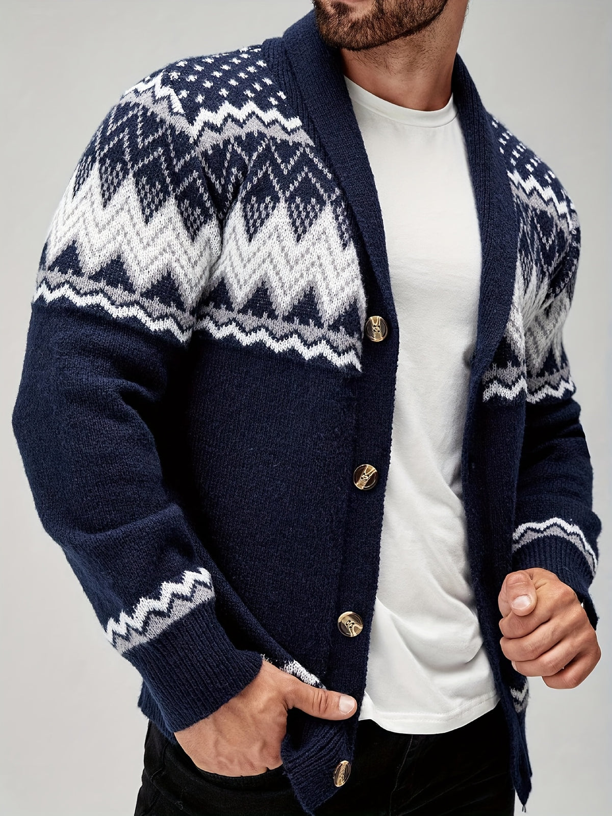 GEOMETRIC PATTERN CARDIGAN SWEATER FOR MEN