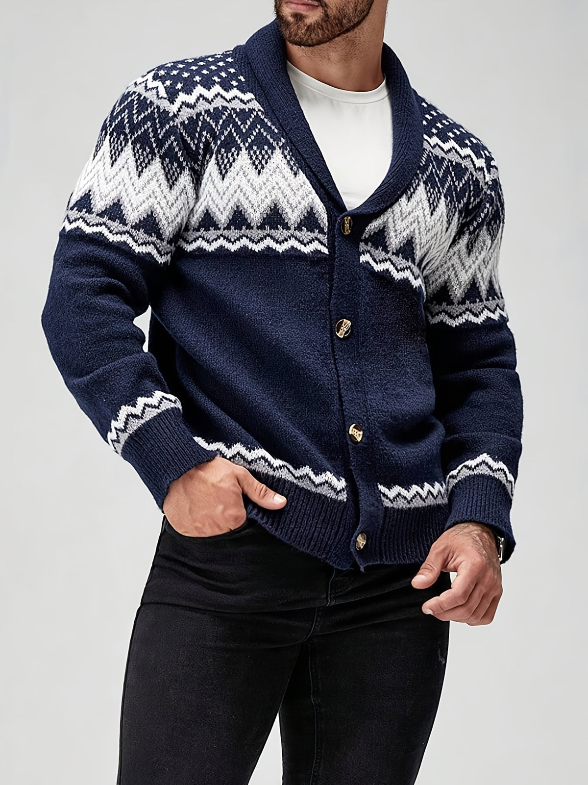 GEOMETRIC PATTERN CARDIGAN SWEATER FOR MEN
