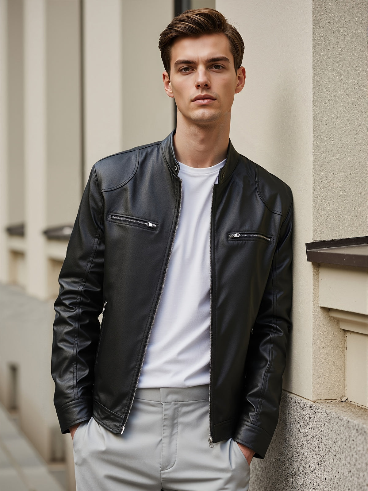 STAND COLLAR PU JACKET FOR MEN