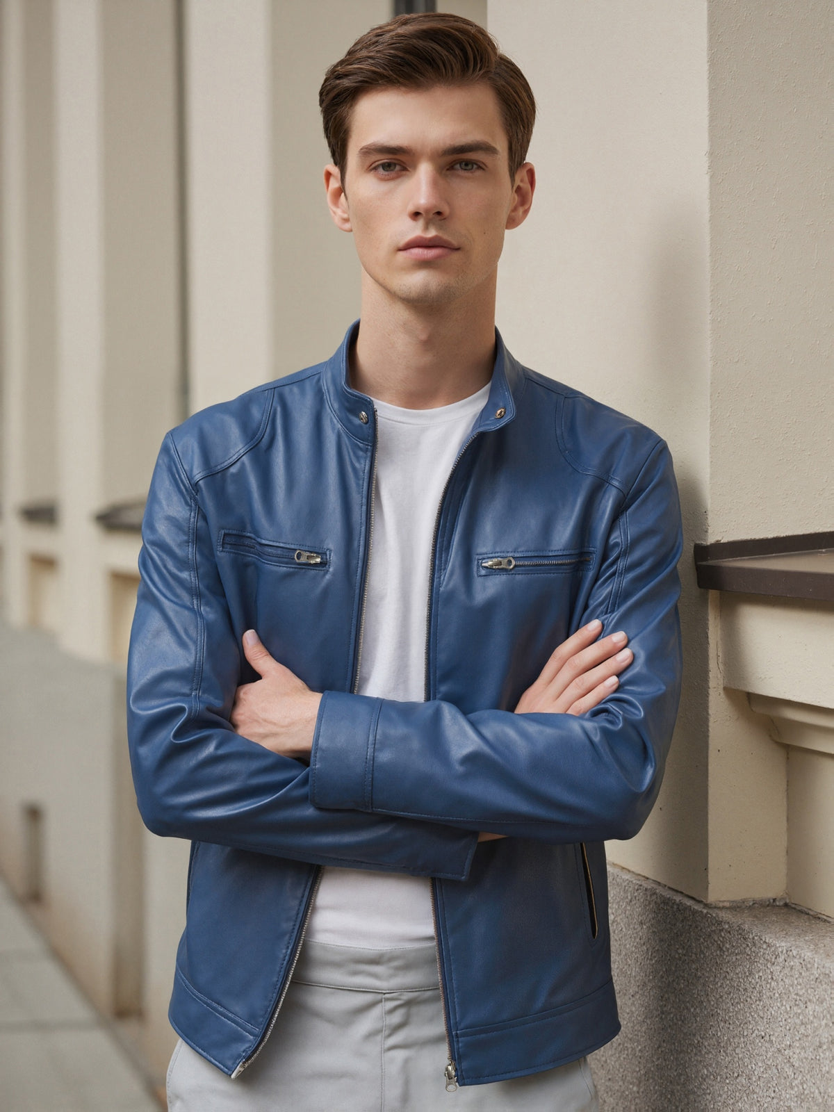 STAND COLLAR PU JACKET FOR MEN