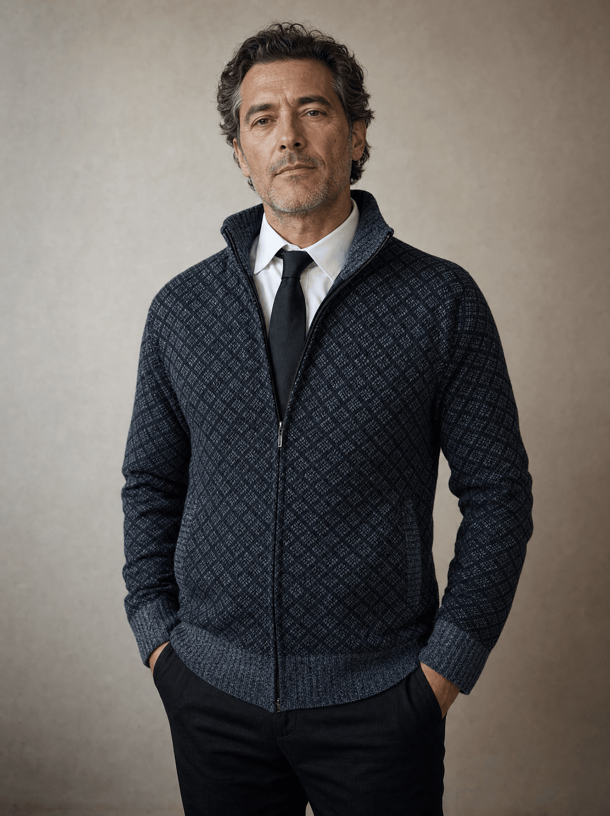 DIAMOND KNIT ZIP SWEATER FOR MEN