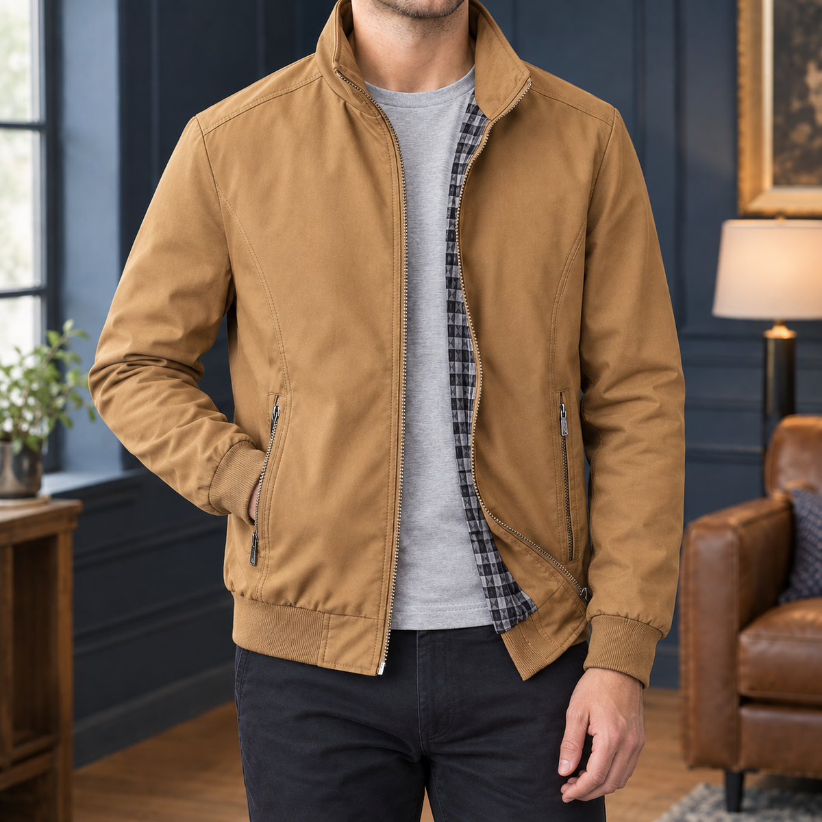 RIBBED TRIM ZIP JACKET FOR MEN