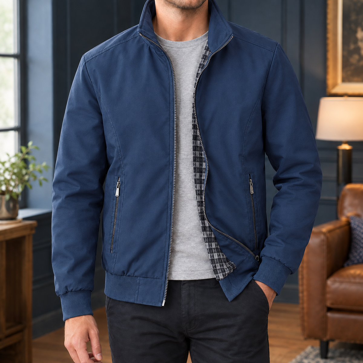 RIBBED TRIM ZIP JACKET FOR MEN
