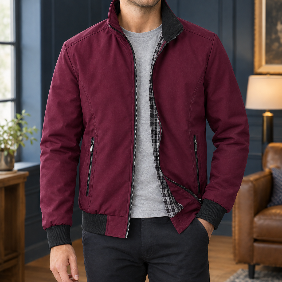 RIBBED TRIM ZIP JACKET FOR MEN